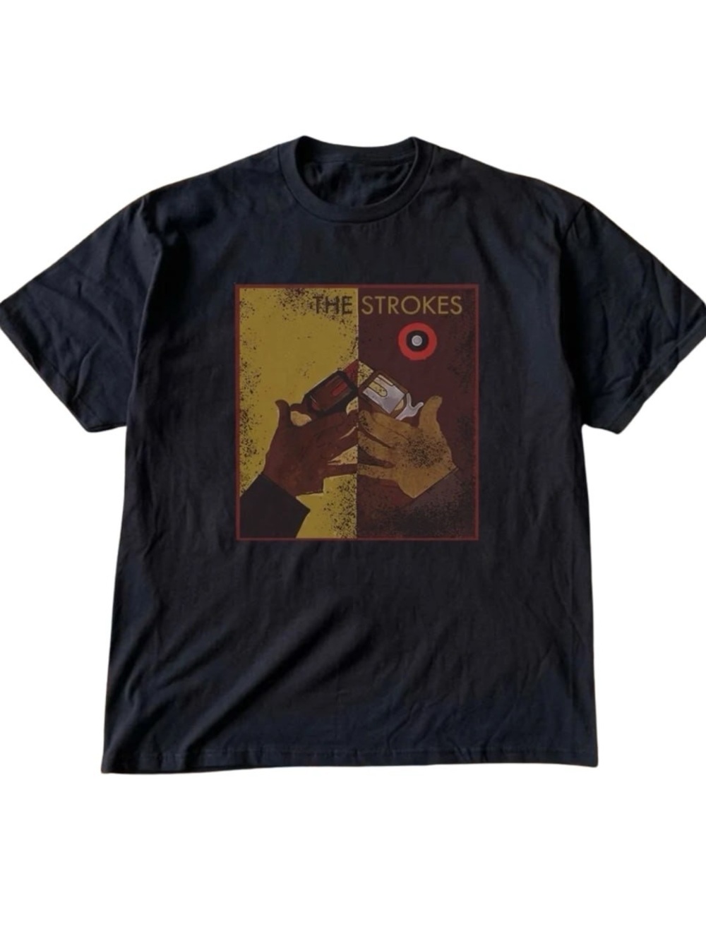 Black Short Sleeve Tee with Yellow and Brown Graphic - The Strokes